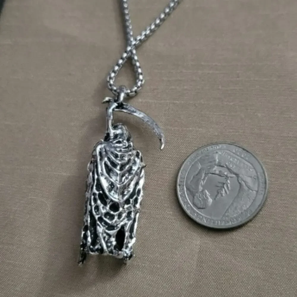 3D Grim Reaper necklace, silver stainless steel round box chain